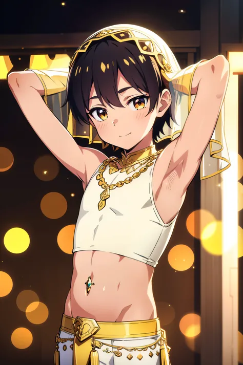 Highres, Masterpiece, Best quality at best,Best Quality,hight quality, hight detailed, 1boy, Shota, (Showing armpit:1.3), 12-yaear-old boy, Young boy, Desert, Happy, upper body, Give me the proportional body of a 12 year old boy, transparent veil on the he...