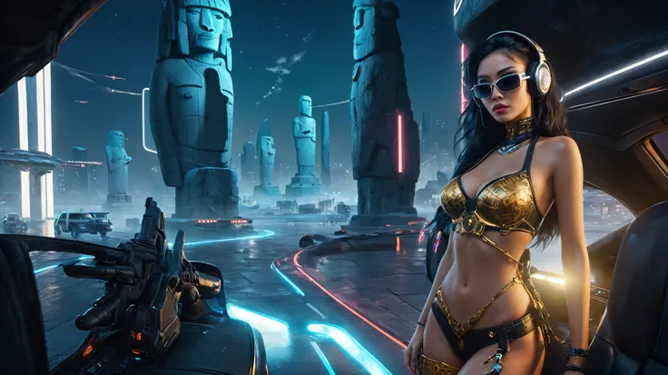 At night, dark sky, distant shot aerial view of fantasy cyberpunk style ice ((Moai-statue)) city, ((flying car)). ((1girl, solo, alone)), medium-breast:1.1 slim body, cleavage, sexy clothes, (headphone, black sunglasses, long black realistic hair), (((hip-...