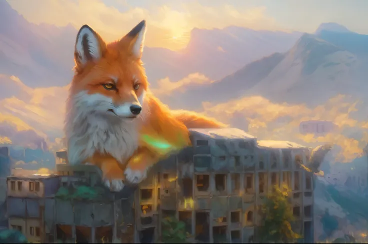 Magic Digital Illustration, surrealism, sunrise, abandoned city in the mountains, green forest grow on the mountains, huge cute spirit fox lying on a building, mountain eagle flying in the foreground, the sun is shining on the right, calm peaceful atmosphe...