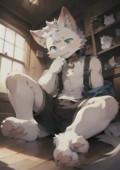 masterpiece, high quality,  number (artwork), From Dagashi, Yes,Qingshan,basement，(蓬松的fur:1.1),Anthropomorphic male cat. young，Pitiful，fear，shy，(blue eyes,fur, Body hair,White paws， Cat nose:1.2),Collar around the neck，sit on the floor，basement ，Black shor...