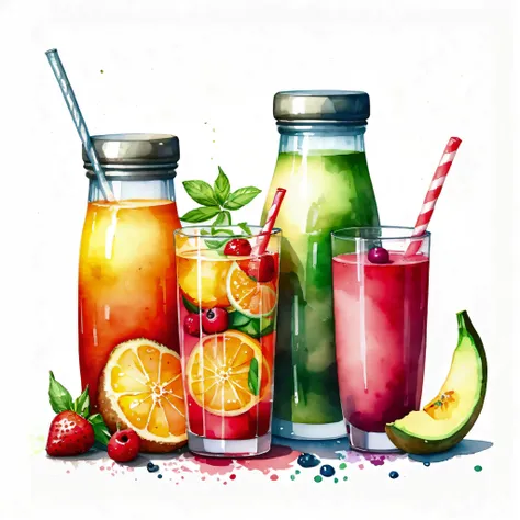 there are many types of colorful healthy drinks served in glasses, the glasses sitting on a surface, juices, smoothie and infused water , illustration, isolated with solid white background, surrounded with negative space, centered composition, highest deta...