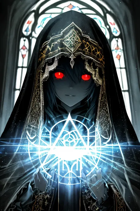 (Holy darkness:1.2), a breathtakingly enigmatic scene, shrouded in deep shadows, intricate details, ancient cathedral, stained glass windows, hooded figure, glowing eyes, mystical aura, gothic attire, veiled face, ethereal allure.

(Darkness, holiness, 1.4...