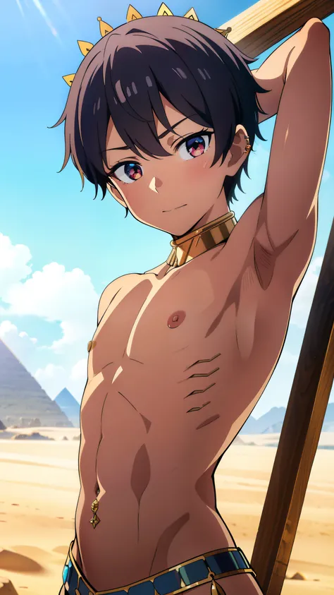 Highres, Masterpiece, Best quality at best,Best Quality,hight quality, hight detailed, 1boy, Shota, (Showing armpit:1.3), 12-yaear-old boy, Young boy, Desert, Egypt, Happy, upper body, Shirtless, topless, Give me the proportional body of a 12 year old boy,...