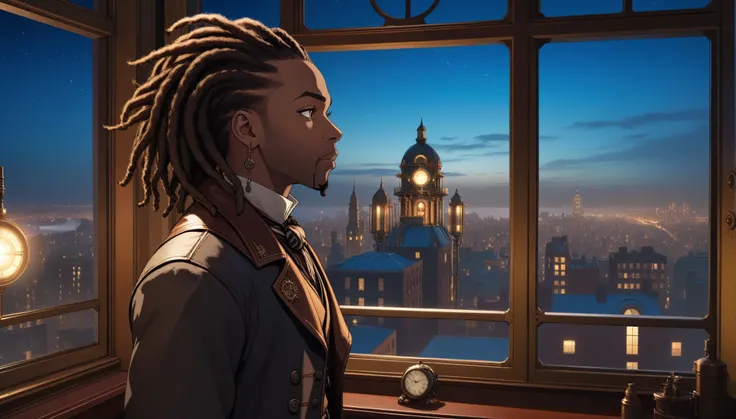 at night, front view of a black man with locs overlooking a city out of a large window in a steampunk 20th century apartment 