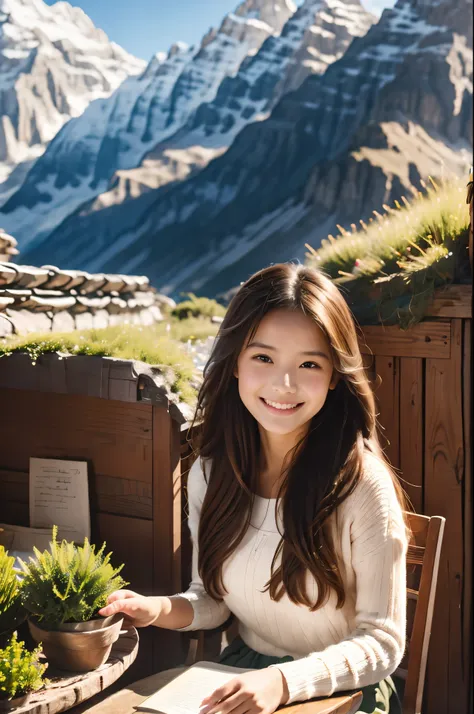 (absurdres, highres, ultra detailed, beautiful, masterpiece, best quality, )1 girl , half body shot,Mountains and steppe background、In front of a small hut、Sitting in a chair reading a letter、smile。