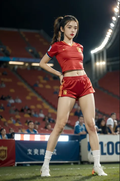 (((best quality))),(((ultra detailed))),(((masterpiece))),illustration,((1 beautiful girl,female footballer,solo)),((small breasts,flat chest)),((slim,thin)),summer night,stadium,crowded stands,enthusiastic spectators,football match,(short ponytail:1.2),(s...