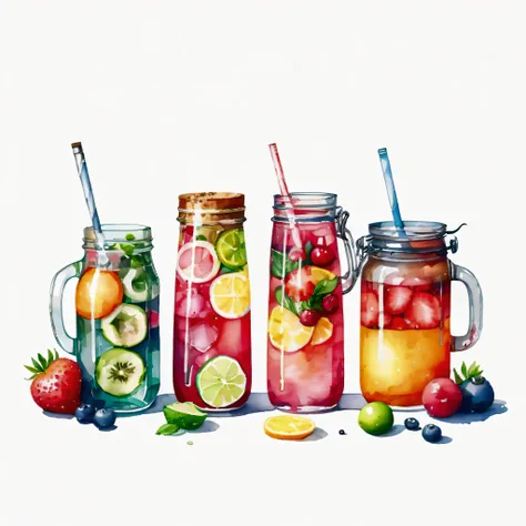 there are many types of colorful healthy drinks served in glasses, the glasses sitting on a surface, juices, smoothie and infused water , illustration, isolated with solid white background, surrounded with negative space, centered composition, highest deta...