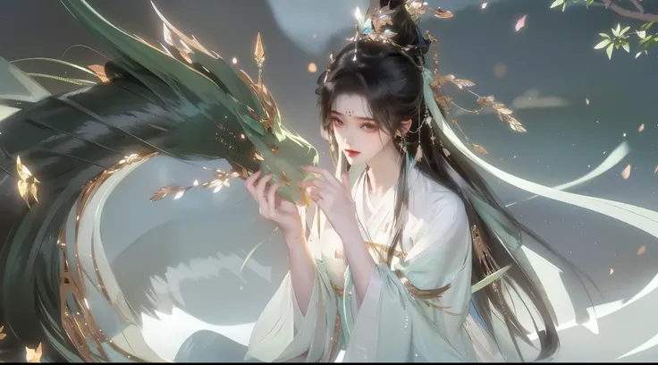 A woman，One-stop service，A woman和龙对视，Green tones。Chinese dragon，a women in white aodai，Black long hair，（Best quality，masterpiece：1.2），Ultra-high resolution，Realistically，Front lighting，Intricate details，Exquisite details and textures，（1 Girl），solo，Upper pa...