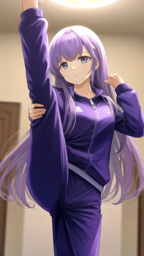 masterpiece, best quality, julia fe,  1girl, solo, long hair, tracksuit, standing on one leg, {leg_lift}, {{{standing_split}}}