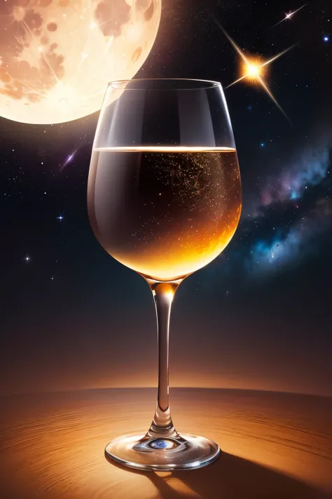 Moon in a wine glass　The background is space、A Ray of Shooting Star