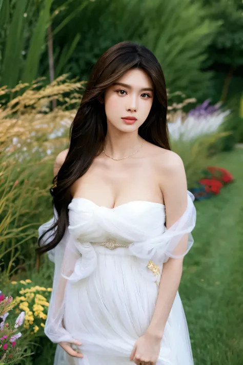 Beautiful woman with perfect body：1.4，Prominent cleavage，Layered Hairstyle，Highly detailed face and skin textures，Double eyelids，Skin Whitening，Long hair，Whitened long legs，Half chest wedding dress