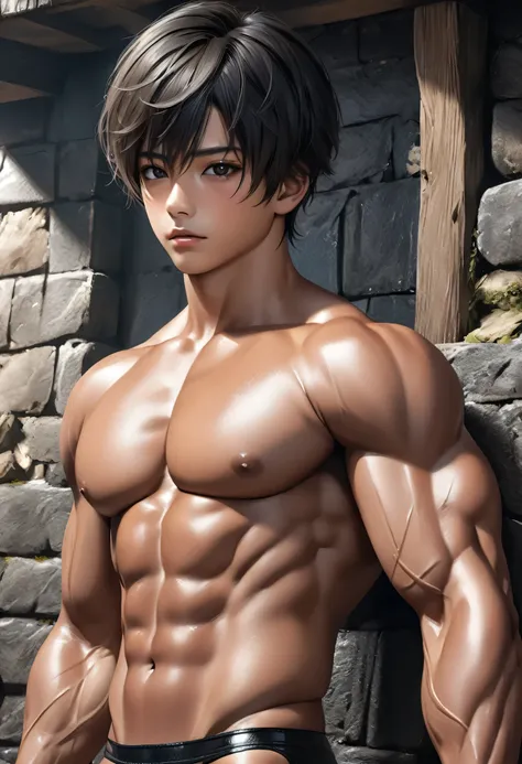 high quality, detailed, (17 years old tanned japanese idol wrestler boy), (detailed black eyes), (black short hair), (muscle:1.5), (tanned dark shiny skin:1.4), black tiny thong, bulge,(detailed nipples), yard, dungeon, (best quality,4k,8k,highres,masterpi...