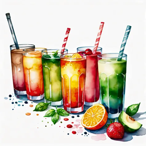 there are many types of colorful healthy drinks served in glasses, the glasses sitting on a surface, juices, smoothie, illustration, isolated with solid white background, surrounded with negative space, centered composition, highest detailed painting, very...