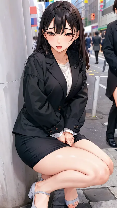 /quality
(masterpiece,best quality,High resolution,高quality,Realistic)

/Hairstyle
(Curly Hair)

/Clothes
(Pencil Skirt,Job interview suit,Black jacket,Torn pantyhose:1.5,Earrings)

/Pose Crouching,sit
Leaning against a wall,
Spread your legs:1.5

(Ahegao,...