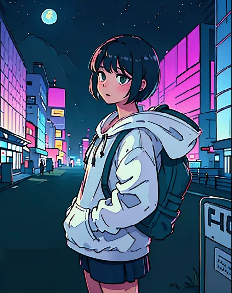 "With the cityscape at dusk as a background、一人のGirlが古びた公園のベンチに座っている。headphone、Acoustic guitar、Girl、Short Hair、hoodie、green