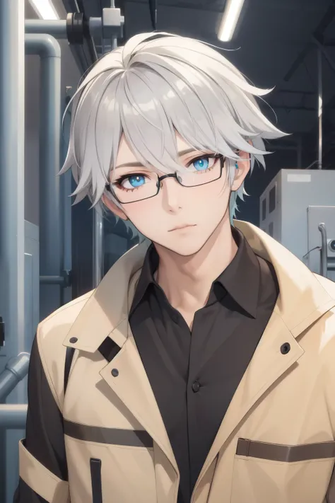 adult male with silver hair and blue eyes, well proportioned and detailed eyes, wearing a factory worker outfit and is also wearing glasses