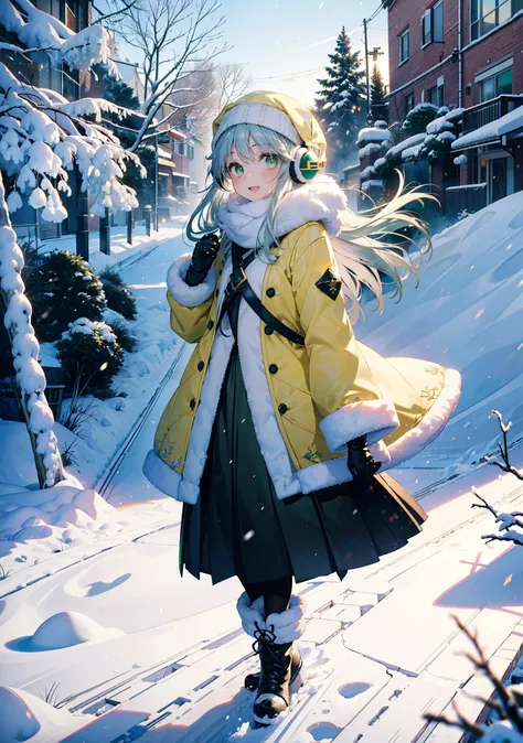 index, index, (Green Eyes:1.5), Silver Hair, Long Hair, (Flat Chest:1.2),happy smile, smile, Open your mouth,Knitted hat,Yellow long coat,White Tokkuri Sweater,Earmuffs,Red baggy gloves,White scarf,Black long skirt,Black pantyhose,short boots,Walking,Snow ...
