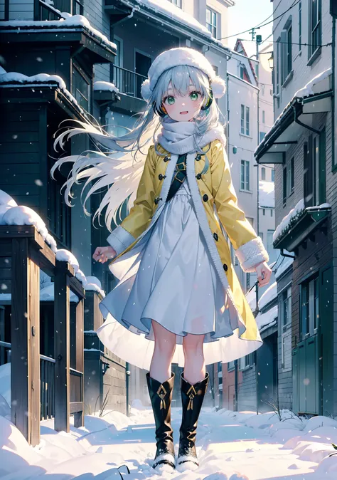 index, index, (Green Eyes:1.5), Silver Hair, Long Hair, (Flat Chest:1.2),happy smile, smile, Open your mouth,Knitted hat,Yellow long coat,White Tokkuri Sweater,Earmuffs,White scarf,Black long skirt,Black pantyhose,short boots,Walking,Snow is piled up,It...