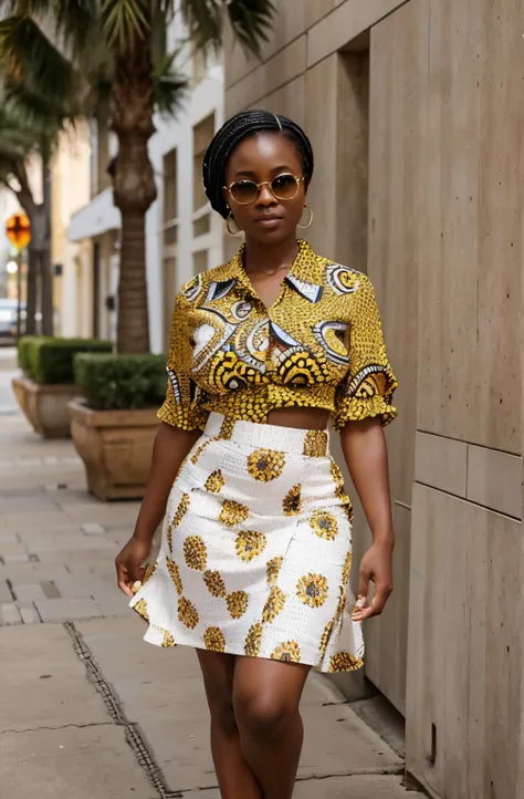 Create a realistic depiction of an African lady who is smartly dressed in modern clothes that are chic, flirty, sexy and respectable . Her outfit should prominently feature Ankara flare skirt white color . She should have a very thick build and appear real...