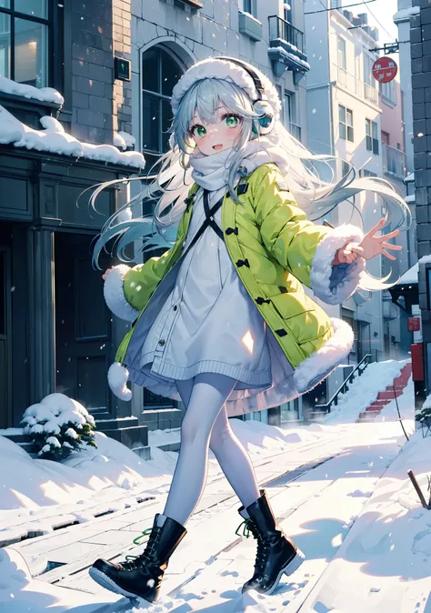 index, index, (Green Eyes:1.5), Silver Hair, Long Hair, (Flat Chest:1.2),happy smile, smile, Open your mouth,Knitted hat,Yellow long coat,White Tokkuri Sweater,Earmuffs,White scarf,Black long skirt,Black pantyhose,short boots,Walking,Snow is piled up,It...
