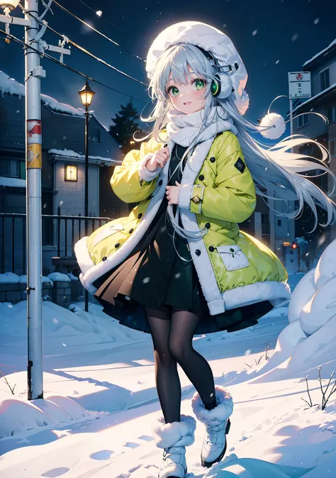 index, index, (Green Eyes:1.5), Silver Hair, Long Hair, (Flat Chest:1.2),happy smile, smile, Open your mouth,Knitted hat,Yellow long coat,White Tokkuri Sweater,Earmuffs,White scarf,Black long skirt,Black pantyhose,short boots,Walking,Snow is piled up,It...