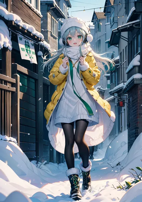 index, index, (Green Eyes:1.5), Silver Hair, Long Hair, (Flat Chest:1.2),happy smile, smile, Open your mouth,Knitted hat,Yellow long coat,White Tokkuri Sweater,Earmuffs,White scarf,Black long skirt,Black pantyhose,short boots,Walking,Snow is piled up,It&#3...