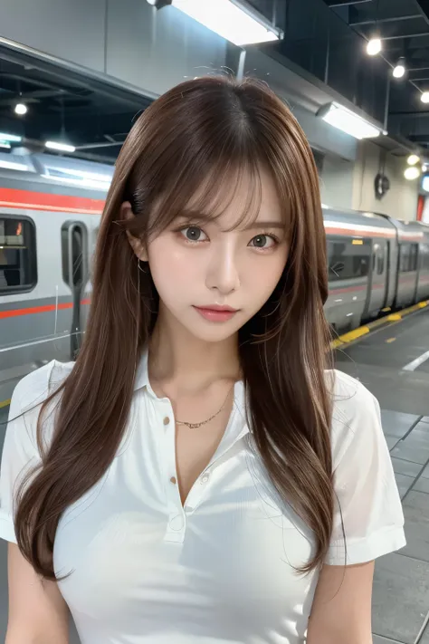 Realistic photos (1 cute Korean star) Reverse hair, light makeup, Middle breast size, Orange polo shirt, At the train station, Canon EOS Clear Facial Features, 16K, High resolution, Sharp and realistic details,  Exposure, interrupt, 超High resolution, High ...