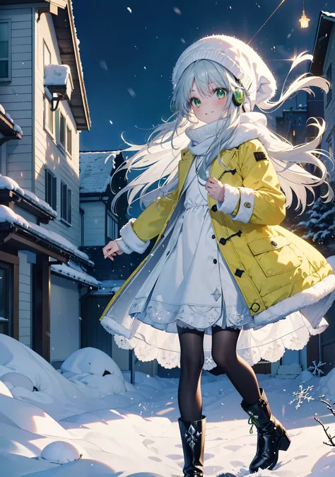 index, index, (Green Eyes:1.5), Silver Hair, Long Hair, (Flat Chest:1.2),happy smile, smile, Open your mouth,Knitted hat,Yellow long coat,White Tokkuri Sweater,Earmuffs,White scarf,Black long skirt,Black pantyhose,short boots,Walking,Snow is piled up,It...