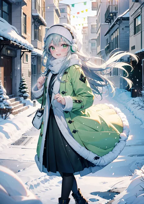 index, index, (Green Eyes:1.5), Silver Hair, Long Hair, (Flat Chest:1.2),happy smile, smile, Open your mouth,Knitted hat,Yellow long coat,White Tokkuri Sweater,Earmuffs,White scarf,Black long skirt,Black pantyhose,short boots,Walking,Snow is piled up,It&#3...