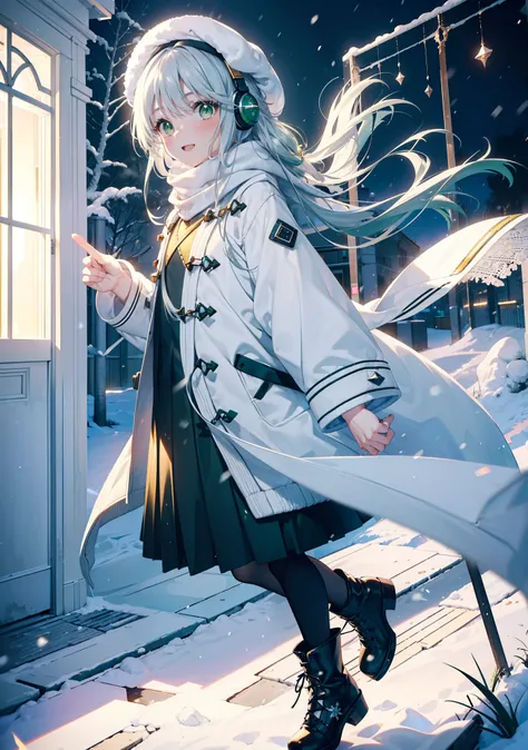 index, index, (Green Eyes:1.5), Silver Hair, Long Hair, (Flat Chest:1.2),happy smile, smile, Open your mouth,Knitted hat,Yellow long coat,White Tokkuri Sweater,Earmuffs,White scarf,Black long skirt,Black pantyhose,short boots,Walking,Snow is piled up,It&#3...