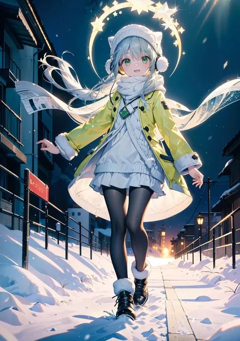 index, index, (Green Eyes:1.5), Silver Hair, Long Hair, (Flat Chest:1.2),happy smile, smile, Open your mouth,Knitted hat,Yellow long coat,White Tokkuri Sweater,Earmuffs,White scarf,Black long skirt,Black pantyhose,short boots,Walking,Snow is piled up,It&#3...