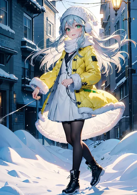 index, index, (Green Eyes:1.5), Silver Hair, Long Hair, (Flat Chest:1.2),happy smile, smile, Open your mouth,Knitted hat,Yellow long coat,White Tokkuri Sweater,Earmuffs,White scarf,Black long skirt,Black pantyhose,short boots,Walking,Snow is piled up,It&#3...