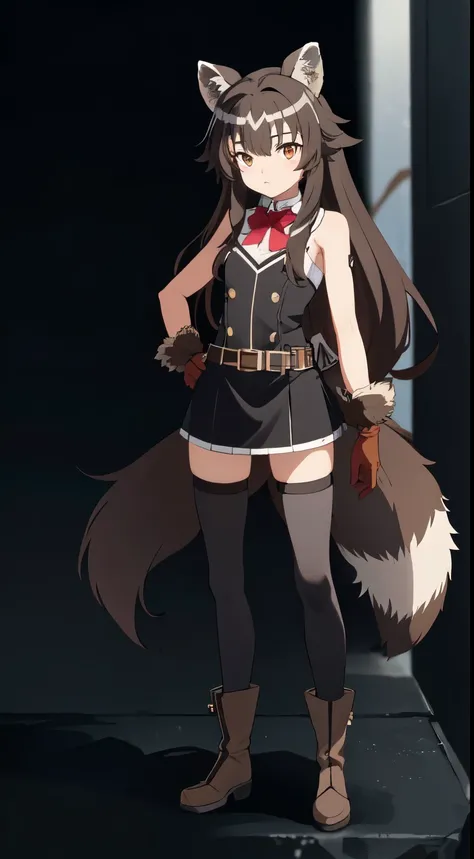 ein Raph, Raccoon ears, Raccoon girl, animal ears, Long hair, Brown hair, raccoon tail, tail, gloves, brown gloves, belt, Overknee-Stiefel, Socks,  zettai ryouiki, Red Ribbon, ​masterpiece, best quality, alone, cinematic lighting, Viewers look at, Full bod...