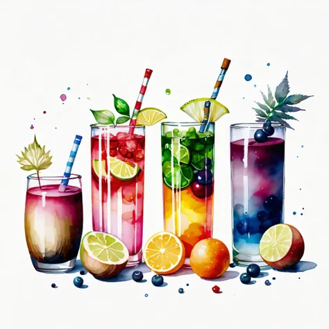 there are many types of colorful healthy drinks served in glasses, the glasses sitting on a surface, juices, smoothie, illustration, isolated with solid white background, surrounded with negative space, centered composition, highest detailed painting, very...