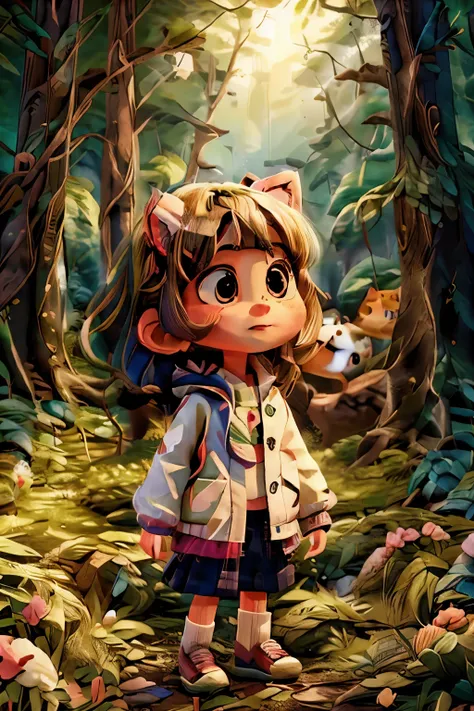 girl in the forest with a white jacket and a hello kitty design, bored expression.