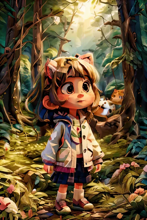 girl in the forest with a white jacket and a Hello Kitty design, bored expression.
