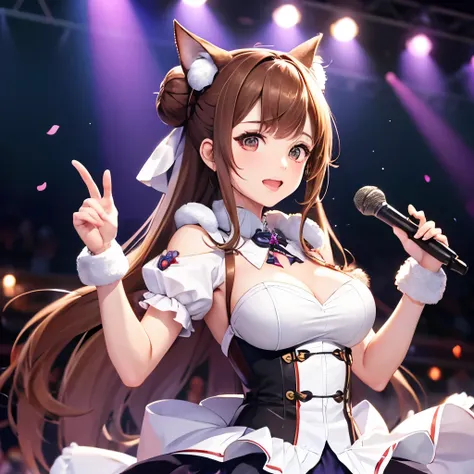 Top quality, ample limbs, perfect fingers, slender beauty, twin-tailed bun hairstyle, brown hair, Deresute, idol costume, beautiful large breasts, live stage, singing