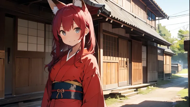 1girl with long ((!red hair))), amber eyes, fox ears, slender body, fox tail, ((red kimono)), sandals, 1Japanese 1cottage on background, evening, POV, smiling,face to camera, 1cottage door on background, upper view, giving hand to POV