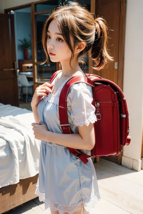 Masterpiece, wear nightgown, realistic, (nightgown:1.2), girl in her twenties,  small breasts, perfect skin, perfect figure, hair tied back, gravure,wearing randoseru backpack, side view, (randoseru backpack:1.2), standing