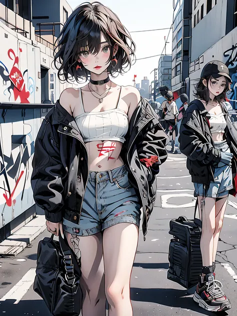 Black Star Red and White style, masterpiece, highest quality, pixiv, one cool girl, Suzu Hirose、cutest girl ever, topless, small breasts、Completely naked、lips in love, dark brown hair, bob hair, gray eyes, white skin, (((gal))), provocative、(((graffiti art...