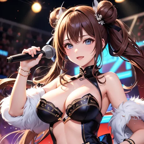 Top quality, ample limbs, perfect fingers, slender beauty, twin-tailed bun hairstyle, brown hair, Deresute, idol costume, beautiful large breasts, live stage, singing