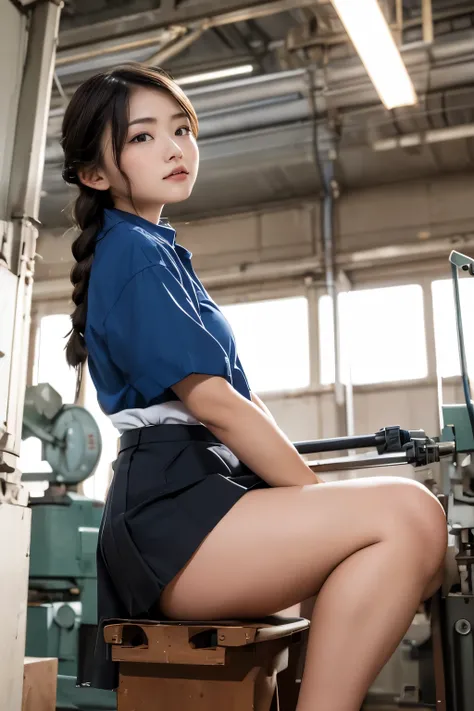 a women, (((round face))), factory clerk, wearing work clothes, skirt, straddling to hit her crotch on exposed pipe, open legs, raise leg, masturbation, ecstasy, braid, in the factory, machines, ceiling, nameplate, id card, angle from side below,