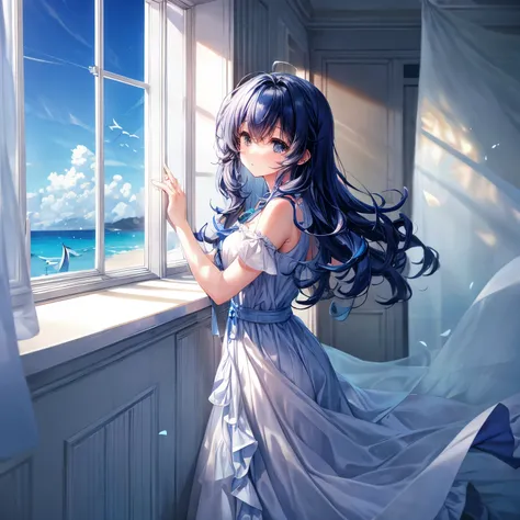 A curly-haired girl in a white dress leans against the bed，Looking out the window thoughtfully，Outside the window is the blue sea and clear sky，There is a little swallow flying in the sky。