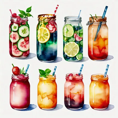 there are many types of colorful healthy drinks served in glasses, the glasses sitting on a surface, juices, smoothie and infused water , illustration, isolated with solid white background, surrounded with negative space, centered composition, highest deta...