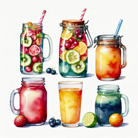 there are many types of colorful healthy drinks served in glasses, the glasses sitting on a surface, juices, smoothie and infused water , illustration, isolated with solid white background, surrounded with negative space, centered composition, highest deta...