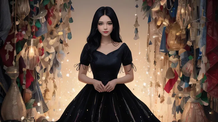 ((best quality)), ((masterpiece)), (detailed), A digital illustration of a young woman surrounded by fabric and sewing materials, with magical sparkles emanating from her hands as she creates a dress. She has long black hair and is wearing a flowing red dr...