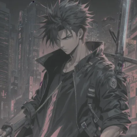 Man, solo, Short hair, Kusanagi Kyo, short, spiky hair with a slightly tousled look, often styled to have a cool, edgy appearance, wearing a black t shirt, long bermuda, sneakers, cyberpunk style, holding a giant sword(neon sword), 