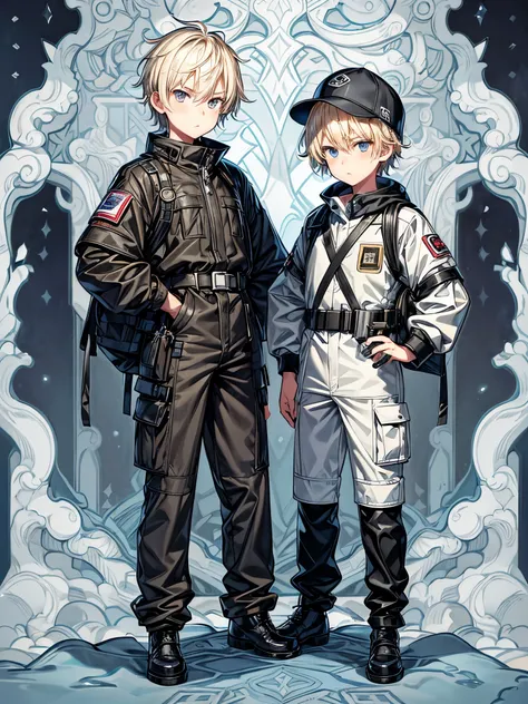 They are 12-year-old boys twin blondes with silver eyes. One has an energetic and curious expression, dressed in rugged survival attire. Another one appears more serious and focused, also dressed in practical survival gear with a pragmatic touch. it has to...