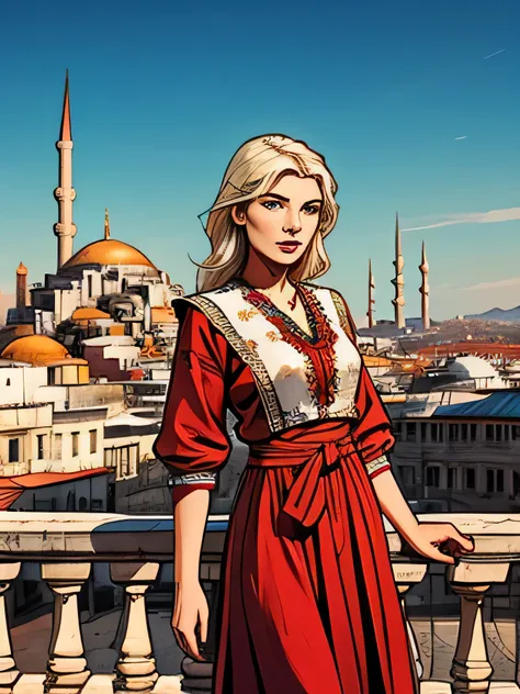 White-skinned Turkish woman wearing traditional clothing and in the background a Turkish empire with classic Turkish architecture.