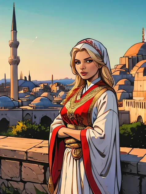 White-skinned Turkish woman wearing traditional clothing and in the background a Turkish empire with classic Turkish architecture.